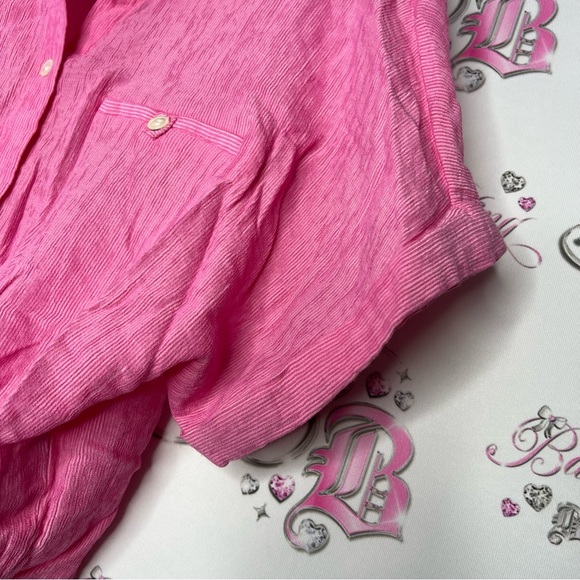 Frnch Paris blouse pink striped tie front bow button down tshirt collared top - Picture 7 of 10